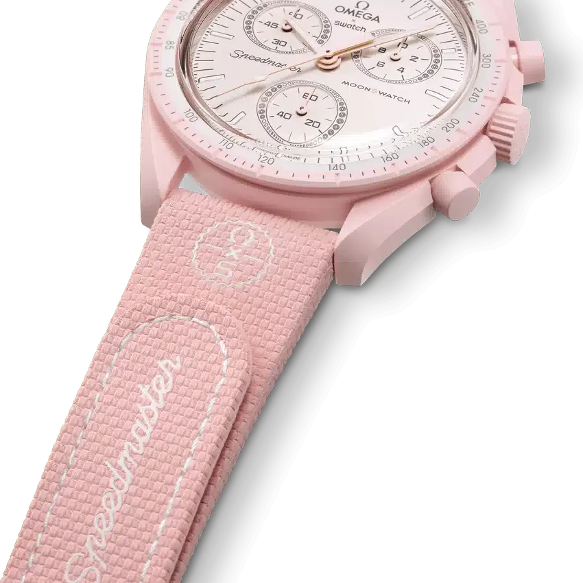MoonSwatch ljusrosa/vitt gummiband