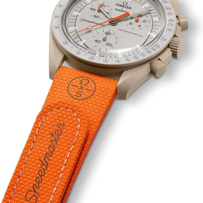 MoonSwatch orange/sandfärgat gummiband