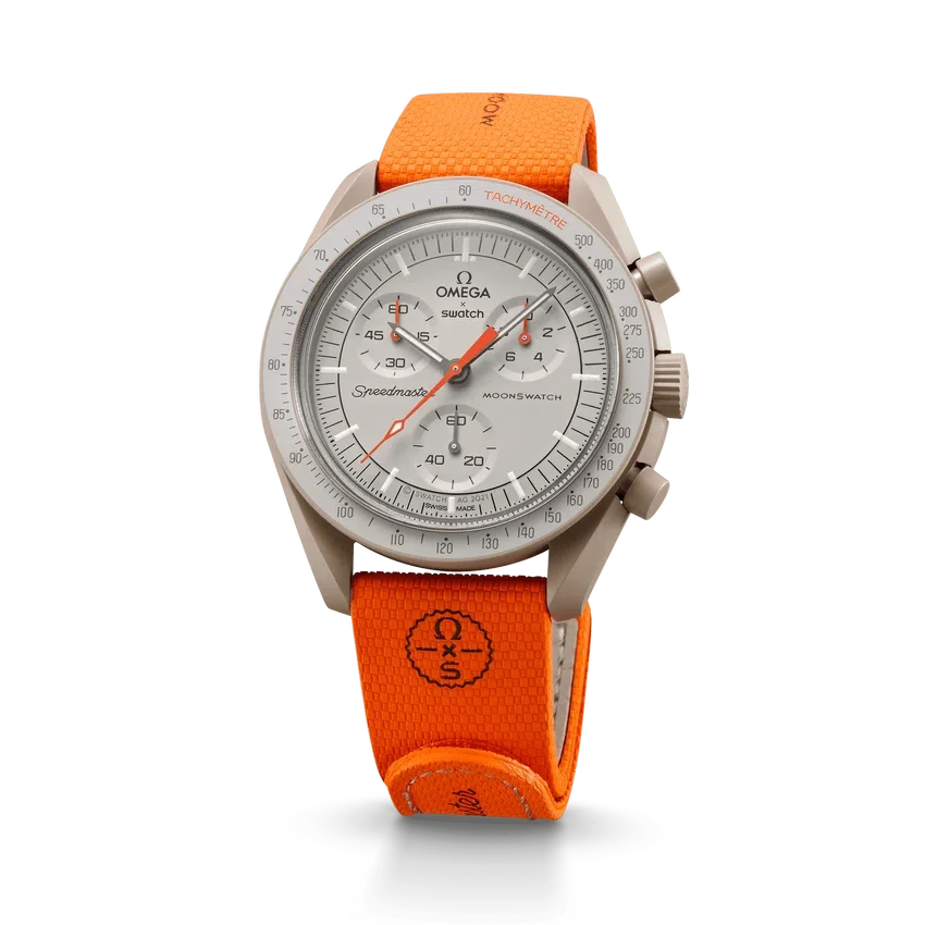 MoonSwatch orange/sandfärgat gummiband
